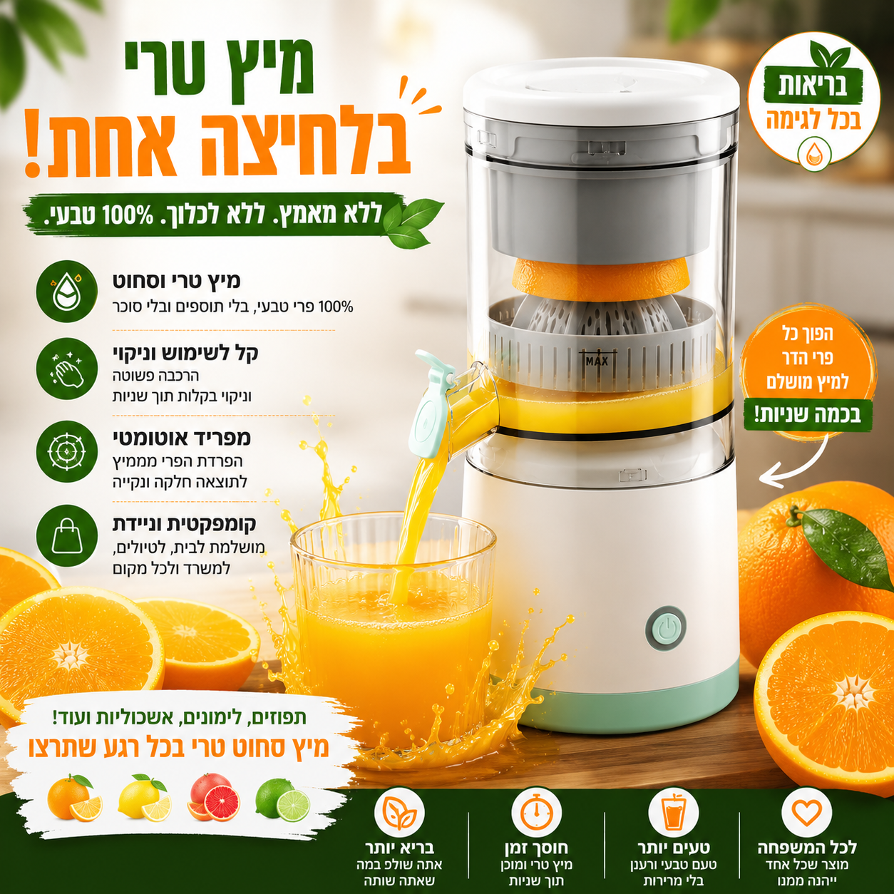 מסחטת מיצים חשמלית נטענת – מפרידה בין המיץ לשאריות הפרי