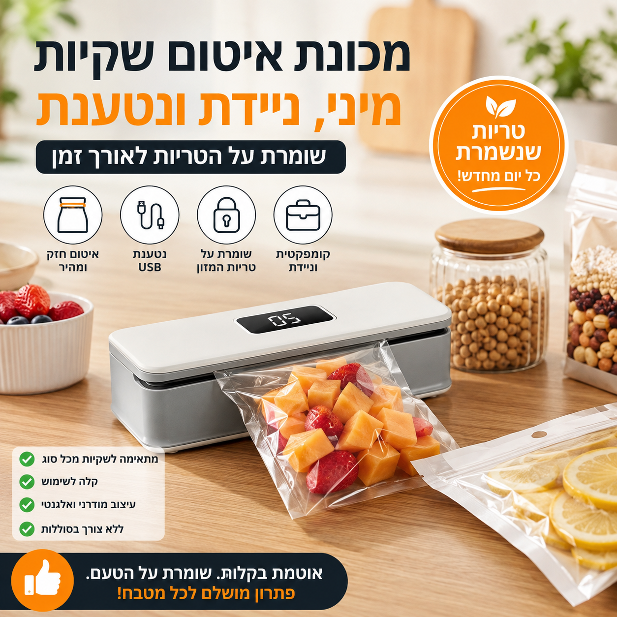 מכונת איטום שקיות נטענת – שומרת על טריות המזון